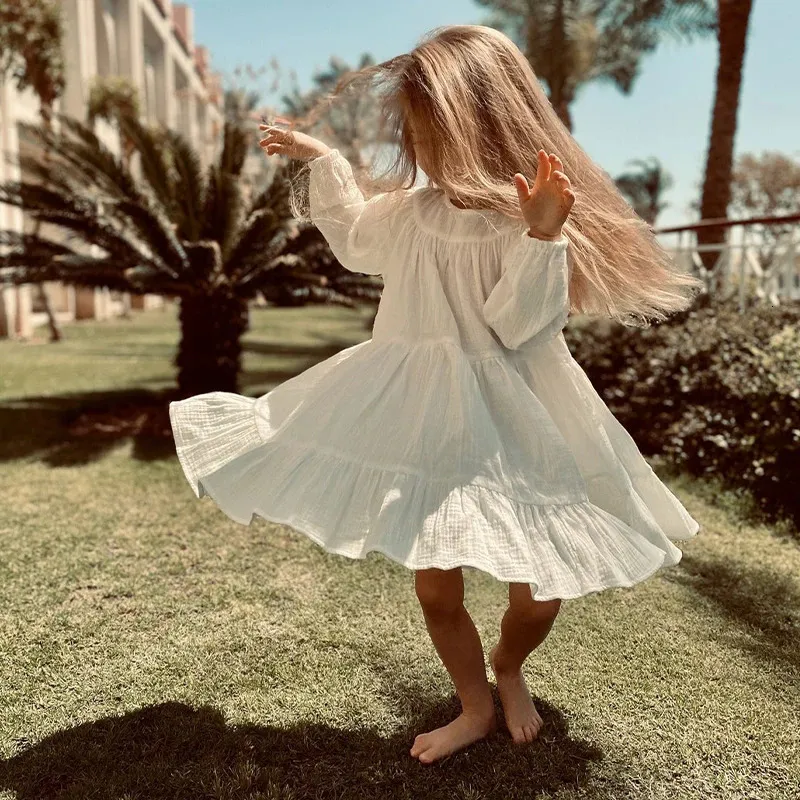 100% algodão meninas em camadas plissado vestido primavera outono crianças casual solto manga longa branco doce vestidos de princesa tz78 240311