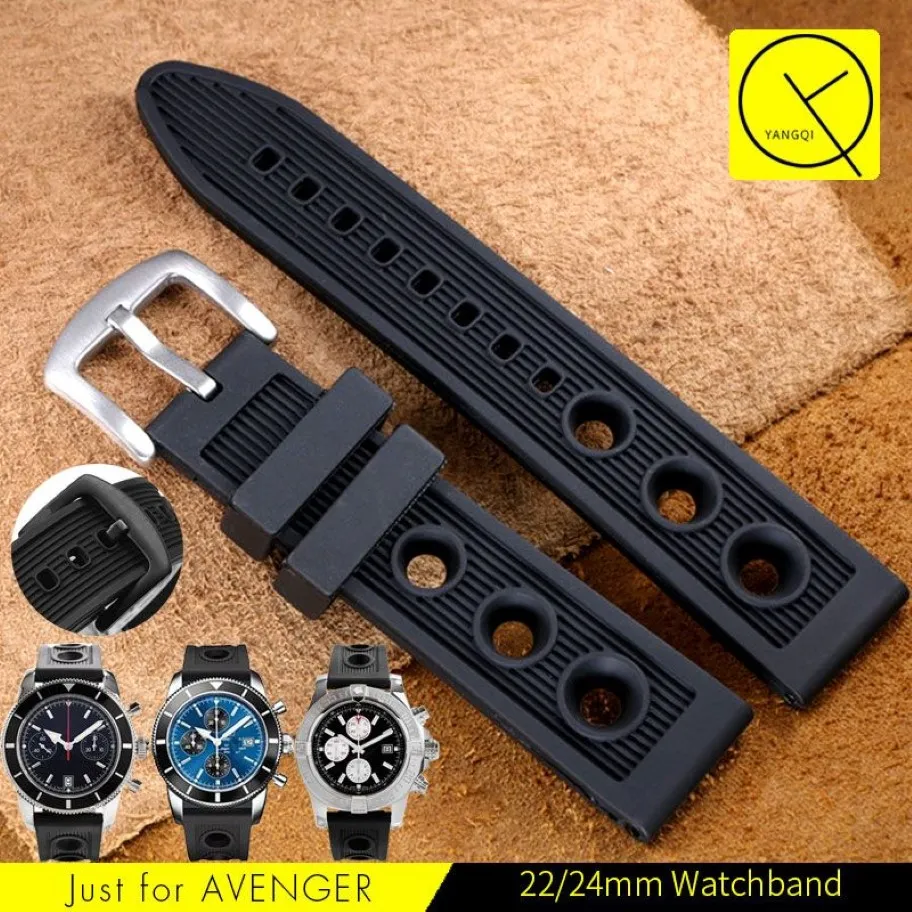 YQ Watchband 22mm 24mm Siyah Su Geçirmez Dalış Silikon Kauçuk İzle Bant Kayışı Gümüş Paslanmaz Çelik Pim Breitling Wat232R