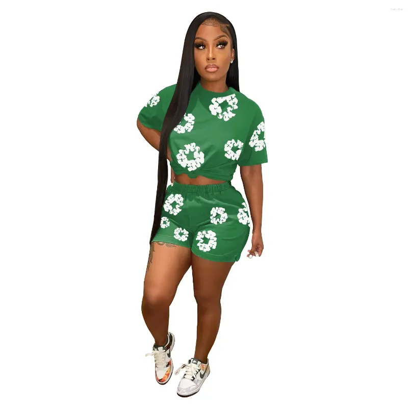 Kvinnors träningsdräkter Flower Printed Active 2 Piece Outfits för kvinnlig kort ärm Crew Neck Tshirt Elastic High midje Shorts Sweatsuits