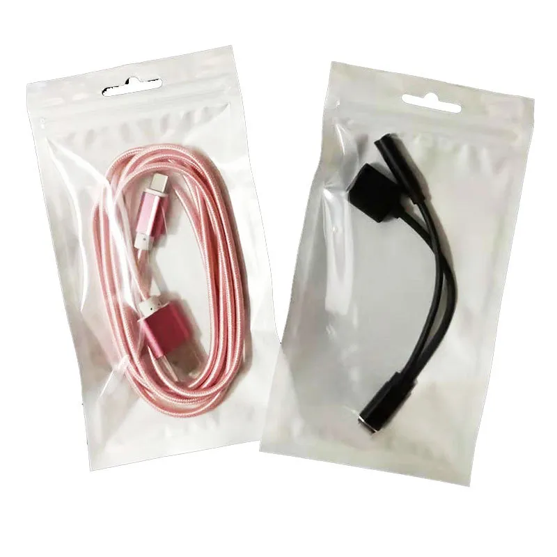 8.5x16cm Clear White Zipper Bag Påpa Låset Retail Package Pouch With Hang Hole For iPhone Cable Home Adapter Earphone Retail Display Dammtät förpackningsväska