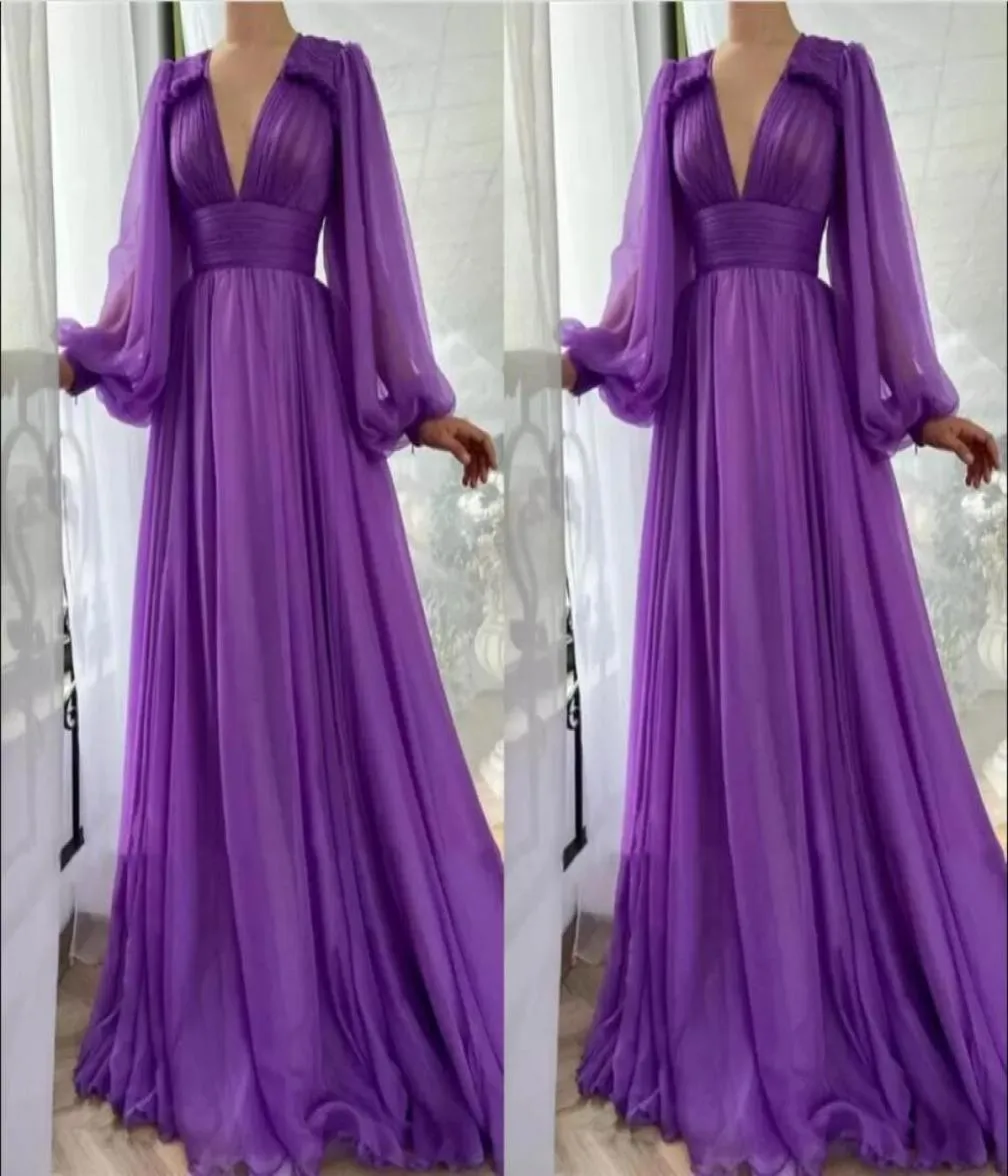 Simple Elegant Purple Chiffon ALine Prom Dresses Long Puff Sleeves V Neck Draped Empire Floor Length Formal Evening Dress Party G7187466