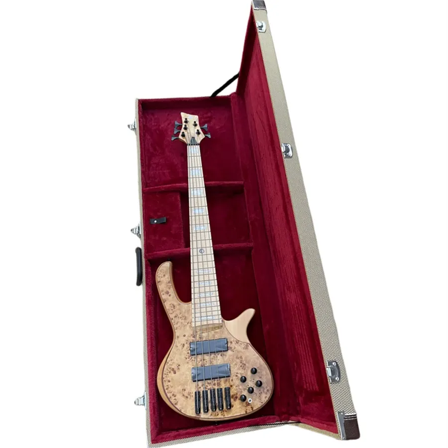 Guitare 5 cordes Bolton Neck couleur originale guitare basse électrique avec dessus en loupe, offre personnalisée