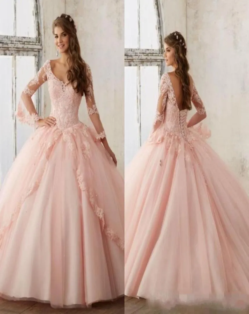 Blush rose robe de bal robes de Quinceanera 2020 à manches longues dos nu dentelle appliques robes de soirée de bal doux 16 robe d'anniversaire robe 3333298