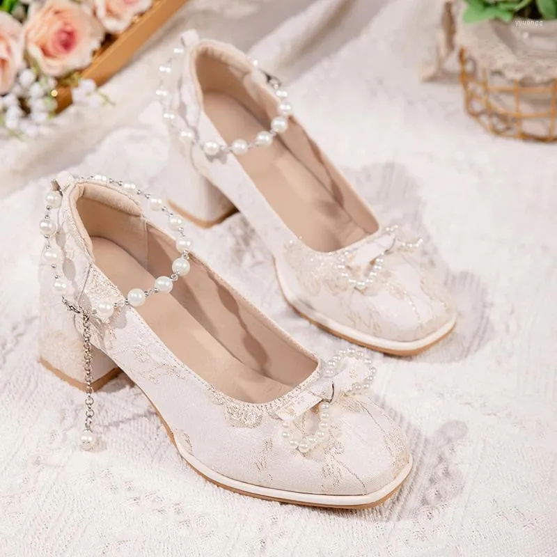 Dress Shoes Chinese Style Mary Jane Women Luxury Pearl Bow High Heels Vintage Square Toe Thick Heel Wedding Banquet Womens Pumps