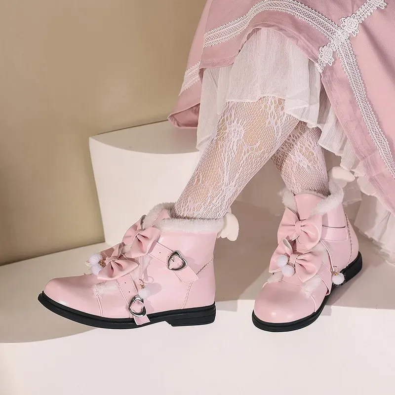 Buty słodkie zimowe japońskie buty lolita puszyste okrągłe palce kawaii anime cosplay butów butów kostki ciepłe futra loli botki różowe 2023