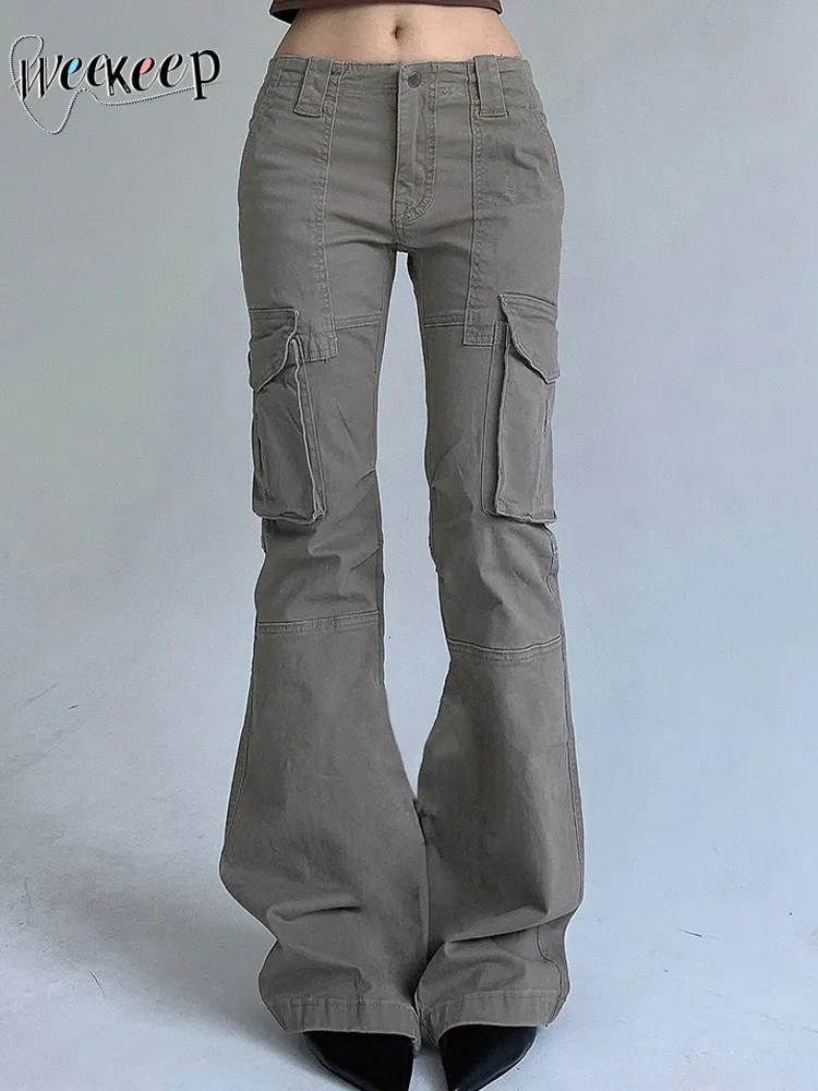 Weekeep Vintage gris Cargo pantalon grandes poches cousu taille basse femmes pantalons décontractés y2k Grunge pantalon dames Streetwear Capris 240309