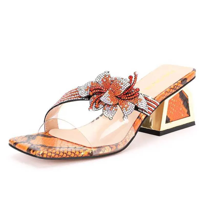 Zapatos de vestir para mujer Zapatillas de tacón alto transparentes Bling Diamond Decoración de flores Sandalias de fiesta Tacón cuadrado con estampado de serpiente para veranoNS1B H240321