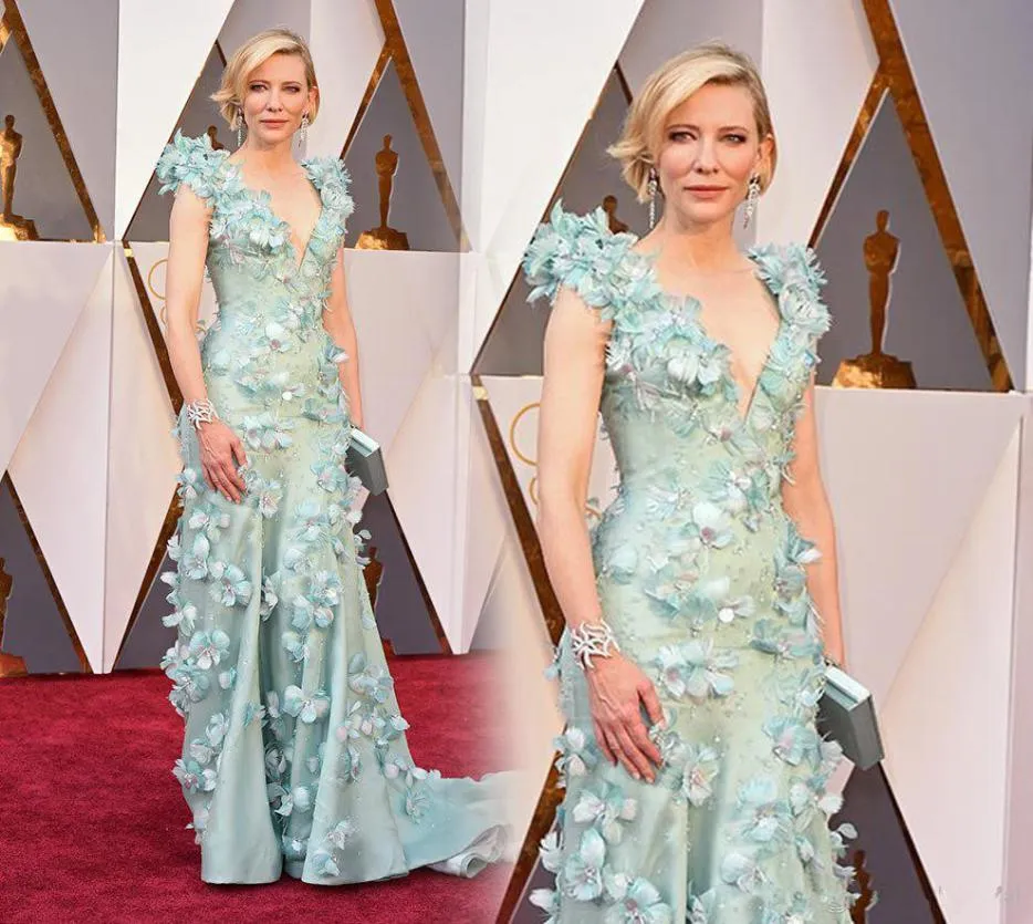 Cate Blanchett Oscar Celebrity Prom Dresses Highend Handgjorda blommor Dekorerade röda mattor klänningar Sexig Deep V Neck -mantel Evening D1866902