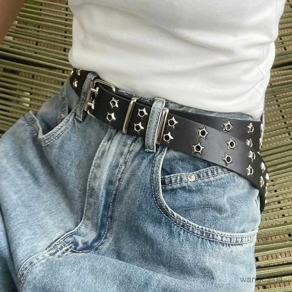 Cintos y2k estrela olho rebite cinto punk oco duplo pino fivela homens mulheres moda pu couro cintura jeans saia cintura cinta acessórios