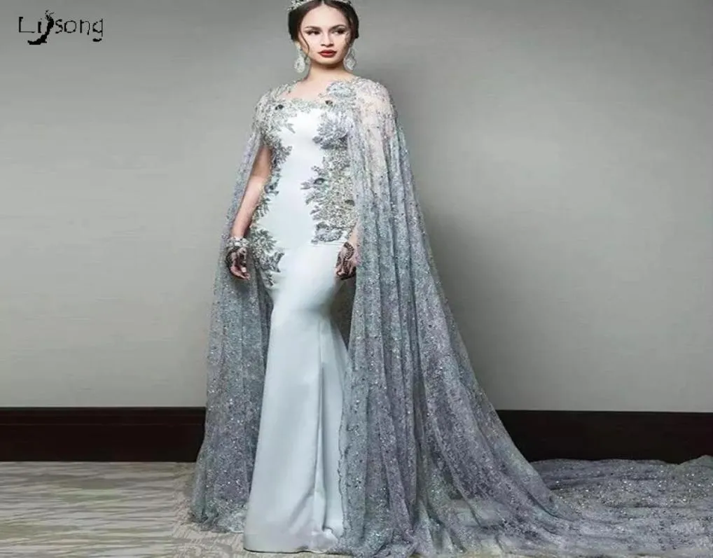 Lebanon Blue Gray Evening Dress Lace Floor Length Cape Clock Appliques Beaded Prom Formal Maxi Gowns Vestido de festa Women Party 7730954