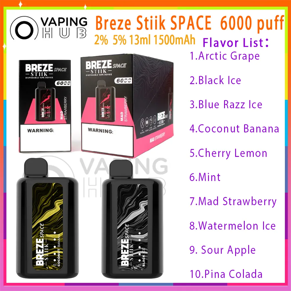100% autentisk Breze Stiik Space 6000 Puffs engångsvapspenna 13 ml Förfylld pod med 1500 mAh batteri icke-rechargeble 10 smak 2/5% e cigaretter