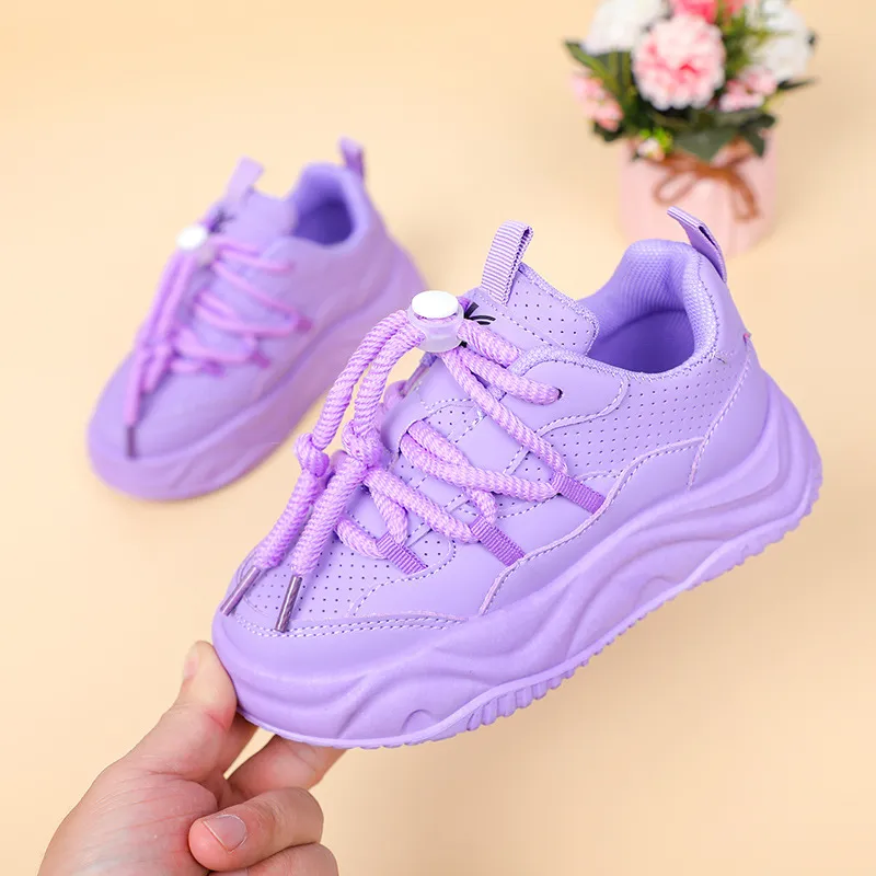Baskets décontractées en cuir violet printemps automne chaussures de sport à enfiler pour enfants filles baskets de mode chaussures de course pour bébés 2024 chaussures de marche pour enfants en plein air taille 28-35