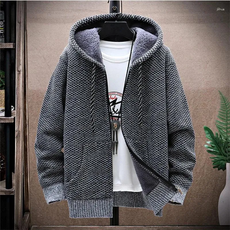 Erkek Sweaters Kış Poleece Sweatercoat Erkekler Kalın Sıcak Kapşonlu Kintted Erkek Süveter Hırka Katı Sıradan Örgü Ceket Erkek Giyim