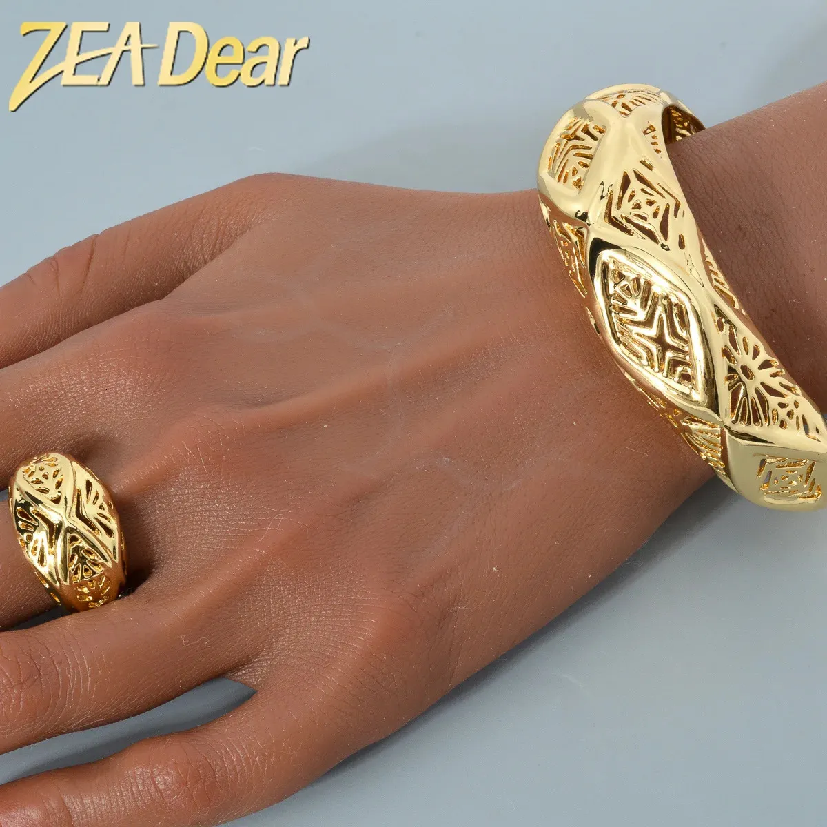 ZEADear Jewelry Dubai Gold Color Bangle Ring 2 Pcs 18K Gold Plated Geometry Open Cuff Bracelet For Wedding Gift Indian Ethiopian 240307