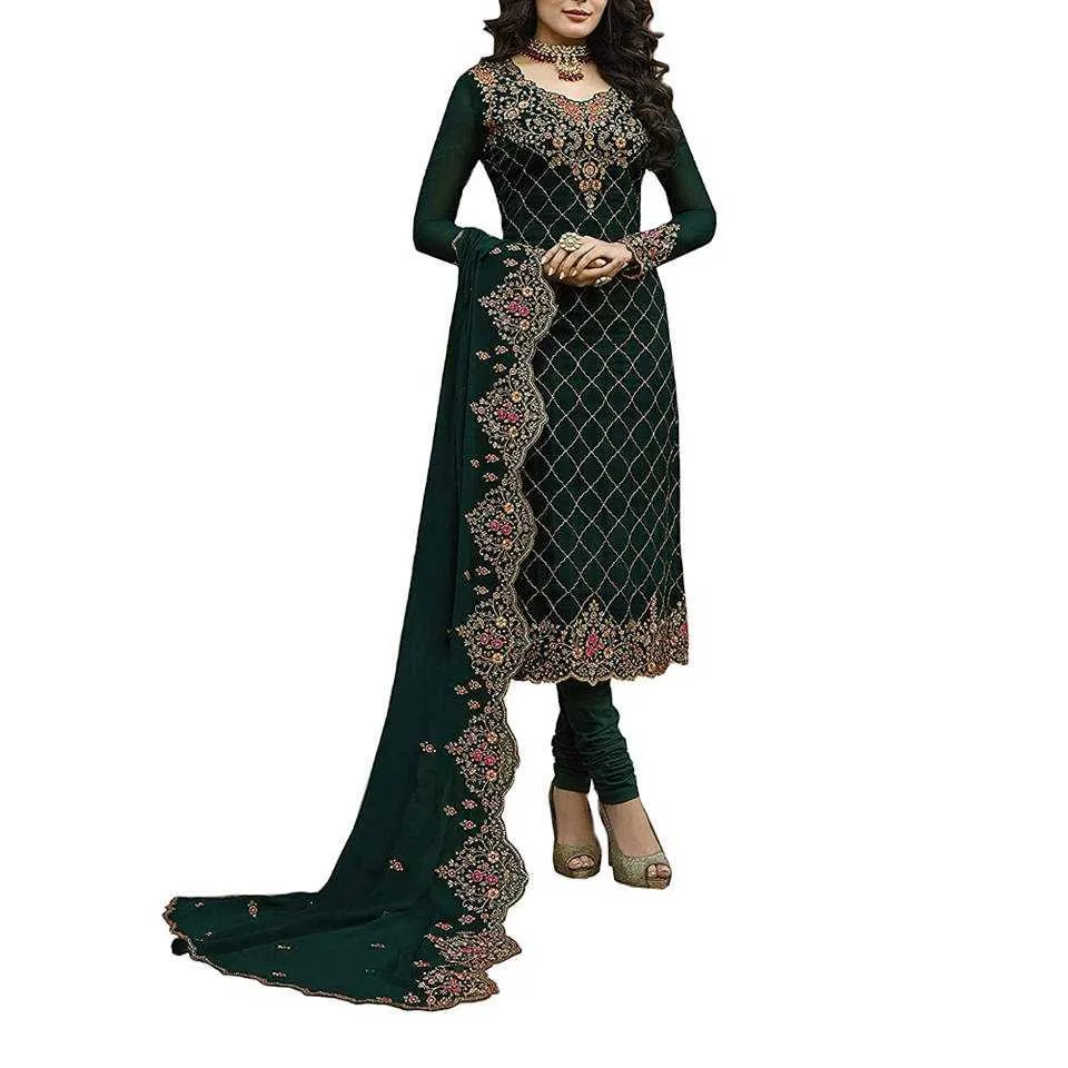 Indian and Pakistani Style Net with Embroidery Work Salwar Kameez Suit for Women Heavy Muslim Dress