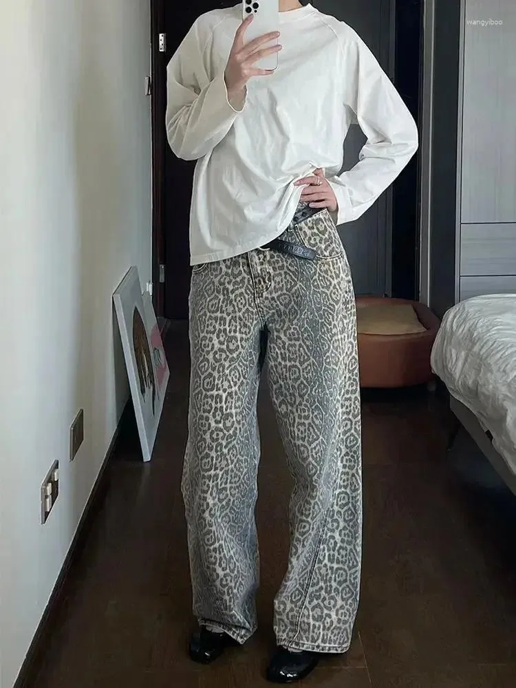 Dżinsy damskie Jrjl Leopard Print Woman Y2K Retro Street American szeroka noga koreańskie spodnie dżinsowe preskie