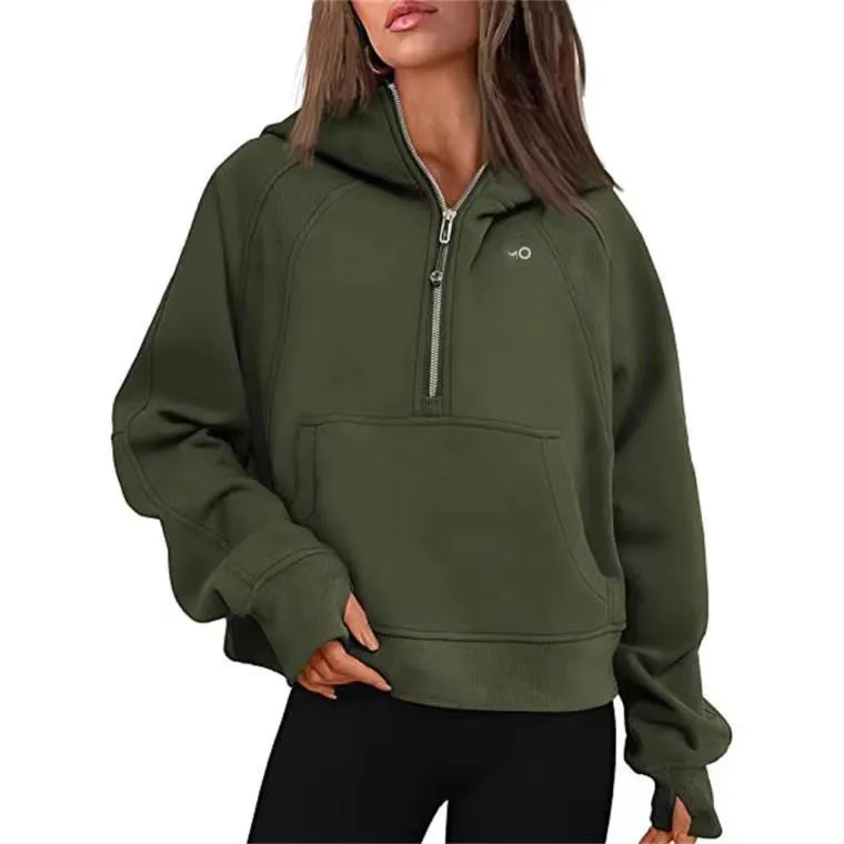 Aloyoga new fall/winter yoga dress ladies sports half-zippered hoodie baggy short suede sweater