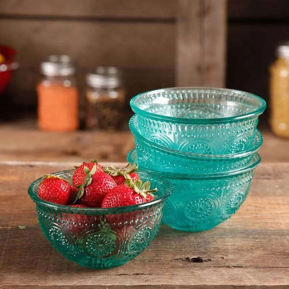 the Pioneer Woman Adeline 4-piece 13-ounce Emed Glass Bowl Set, Teal