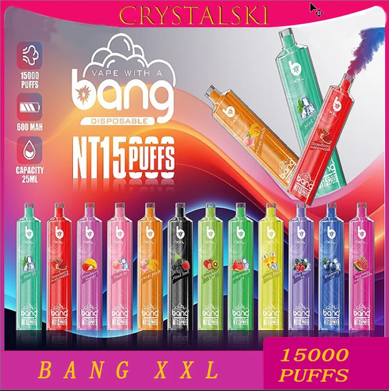 Bang d'origine xxl NT15000 Puff 15k Vape Vape Pen Bang Vapes 15000 Puffes Mesh Coil Kit de barre rechargeable 0% 2% 3% 5% 12 Couleurs VS SHISHA HOCKA