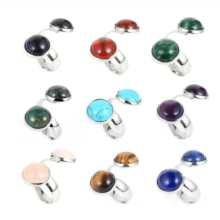 10mm 12mm Natural Gemstone Turquoises Rings for Women Round Stone Pink Crystal Tiger Eye Adjustable Open Finger Ring Gemstone Jewelry