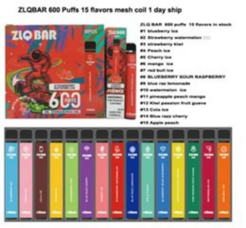 Cigarro descartável de frutas E Original 100% ZLQ BAR 600 2ml 550mAh Bobinas de malha E Cigarros Vape Pen 2% 0% Dispositivo descartável Cigarro Electronique 15 cores em estoque