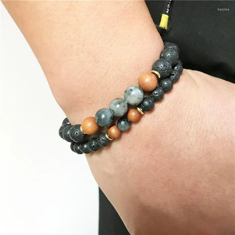 Strand 2 Pc Sets Men's Personality Bracelet Labradorite & Lava Stone Sandalwood Boy's Gift Holiday