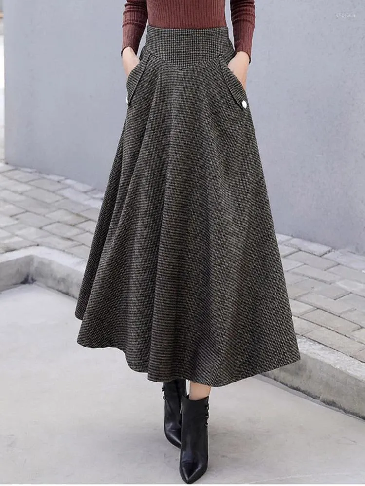 Casual Kleider Hohe Taille Vintage Hahnentritt Plaid Warme Wolle Lange Rock Für Frauen 2024 Elegante Große Schaukel A-Line Saias Longas weibliche