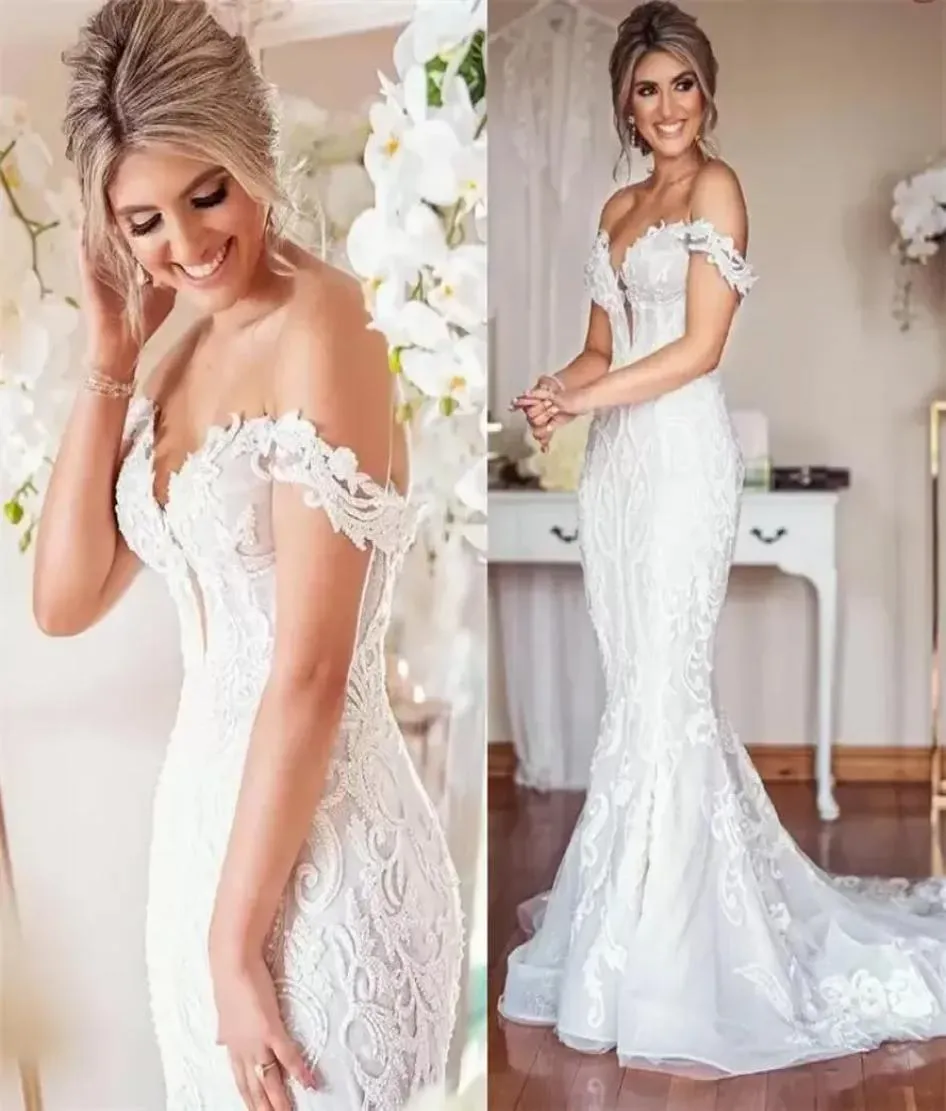 2022 Projektantka koronkowa sukienka ślubna plus size syrena ślubna suknie ślubne vintage ułożone z ramienia seksowne sukienki małżeńskie Arab1513224