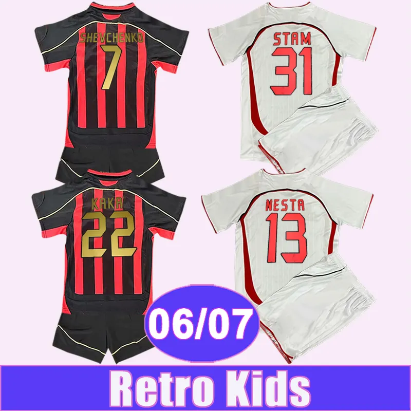 06 07 Shevchenko Retro Kids Kit Soccer Jerseys Nesta Stam Kaka 'Home Away Football Shirts Kort ärmuniformer