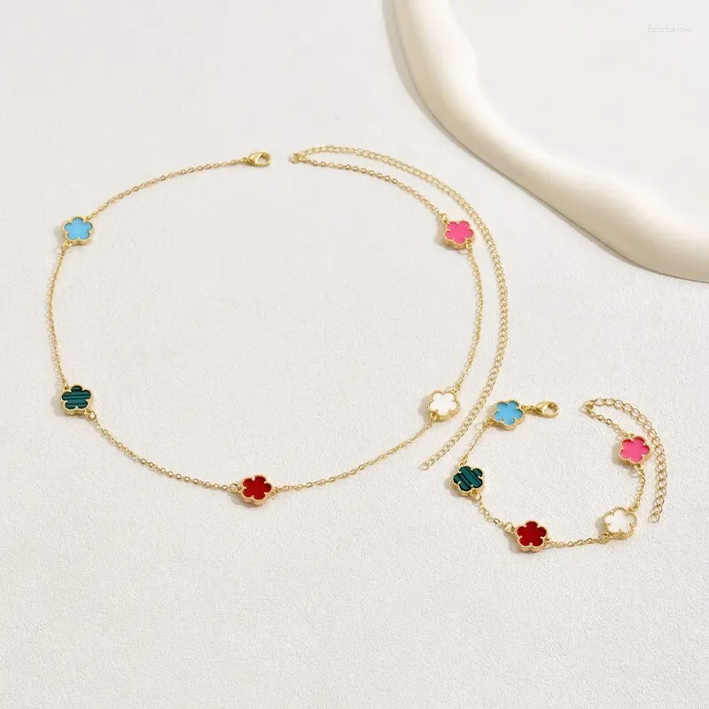 Ensemble de 2 colliers et boucles d'oreilles à fleurs colorées, Design de Bracelet, chaîne en cuivre plaqué or, bijoux de luxe, cadeau de tempérament pour femmes