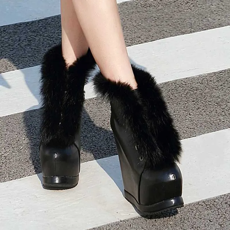 Chaussures habillées HOT femmes bottes 2019 hiver fausse fourrure mode talons compensés femme plate-forme neige chaude luxe dames bottine noir H240325