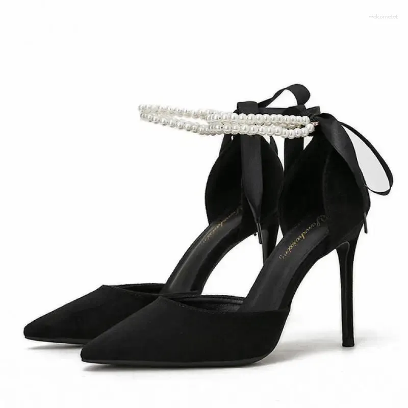 Dress Shoes Size 33-41 Stiletto Heel Pointed Toe 10cm High Heels Hollow Pearls Women Ankle Strap Black Sexy