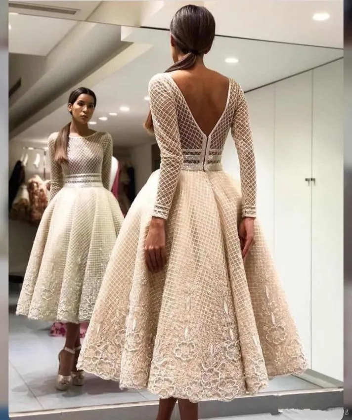 2019 New A Line Long Sleeves Champagne Appliques Tea Length Luxurious Beautiful New Coming Evening Dress Evening Gown3325991