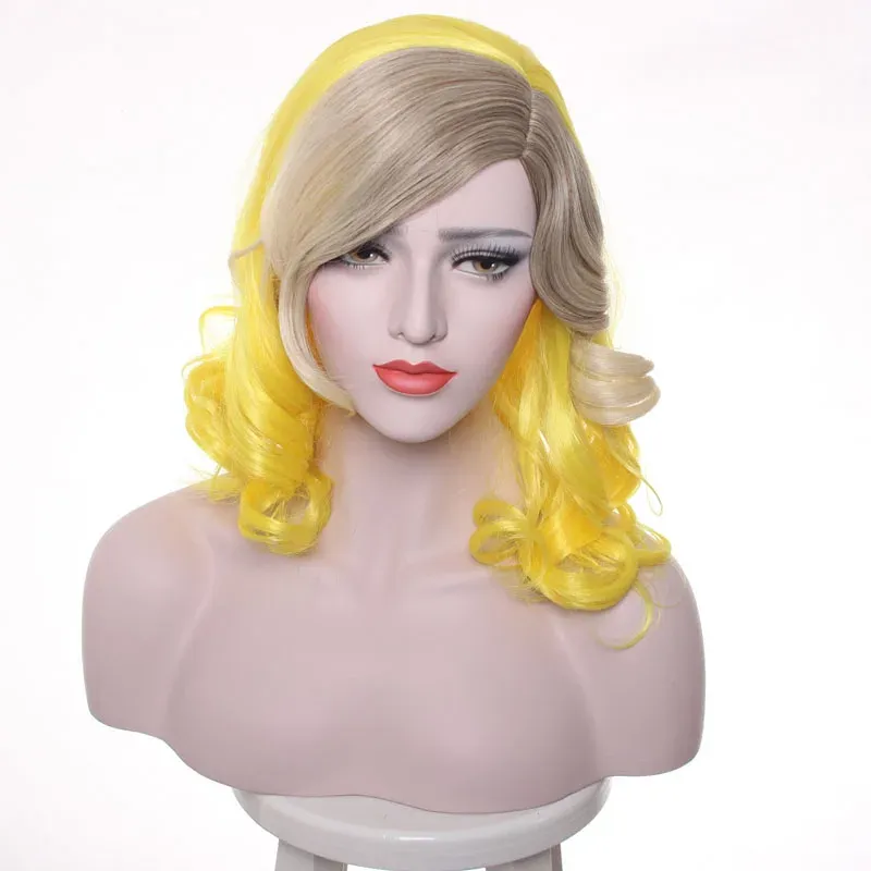 Wigs Lady Gaga Wig Yellow Blonde Mixed Synthetic Hair Cosplay Wig Halloween Party Costume Wigs +wig cap