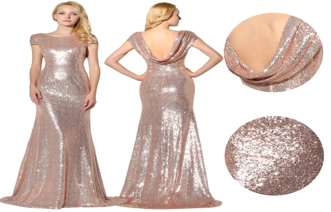 I lager Sparkly Rose Gold paljetter brudtärna klänningar 2019 juvel korta ärmar piga av heder bling bling prom klänning kväll klänningar 3470051