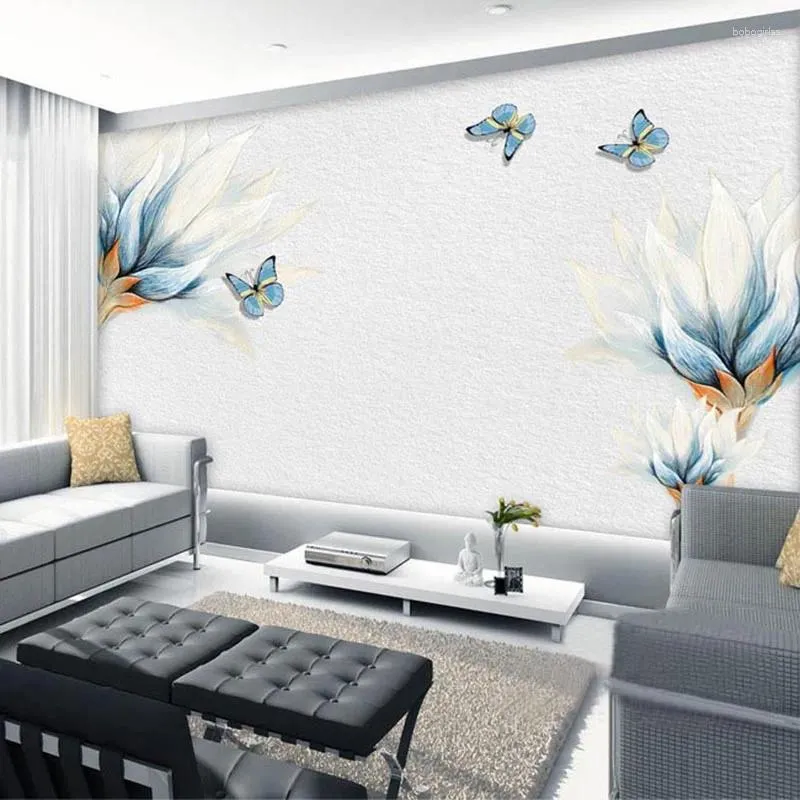 壁紙モダンシンプルな青い花蝶油絵壁紙リビングルームテレビソファソファソファ壁の家の装飾Papel de Pared