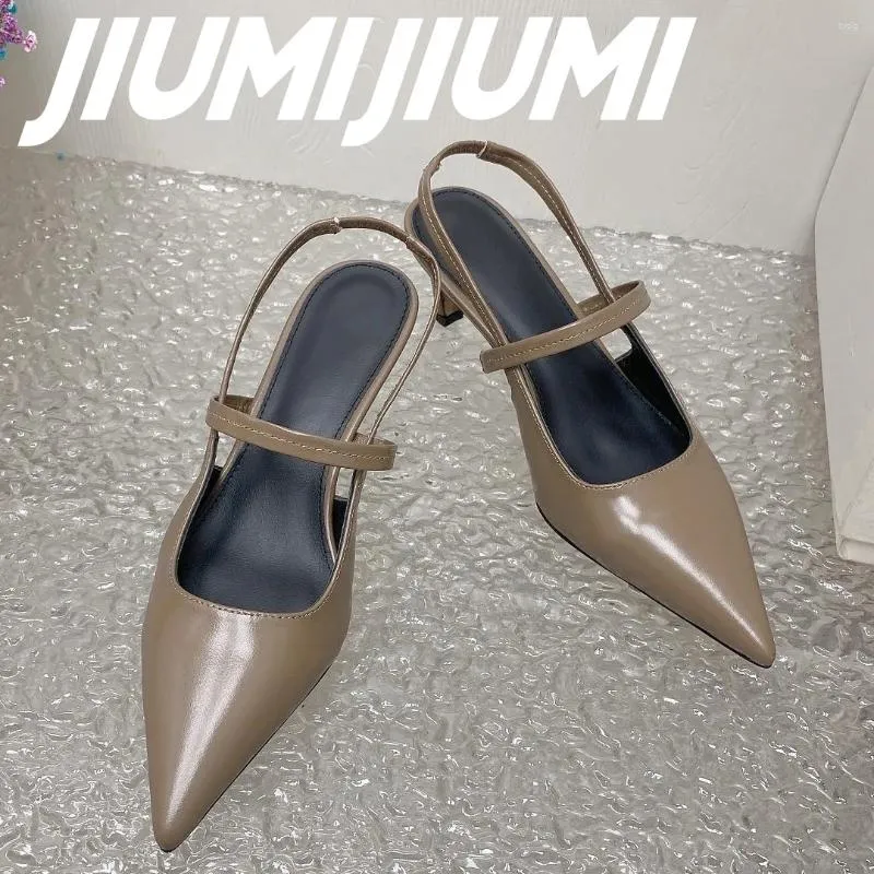 Dress Shoes JIUMIJIUMI Handmade Woman Pointed Toes Kitten Heels Slingbacks Ankle-Wrap Sandals Solid Narrow Band Concise