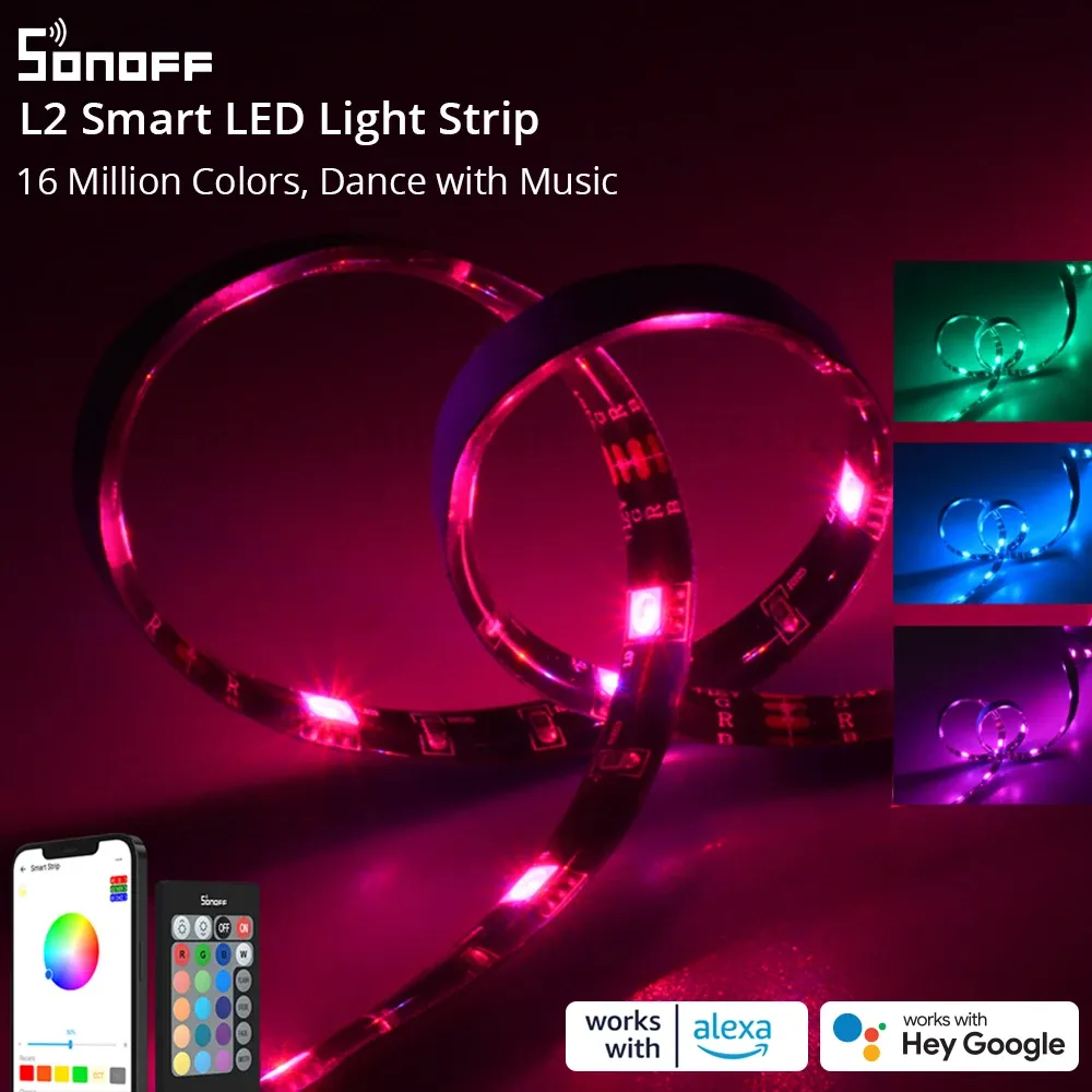 Control SONOFF L2 WiFi LED Strip Lights RGB Flexible Waterproof Lamp Tape DC 12V Adapter Backlight Color Changing For Alexa Google Home