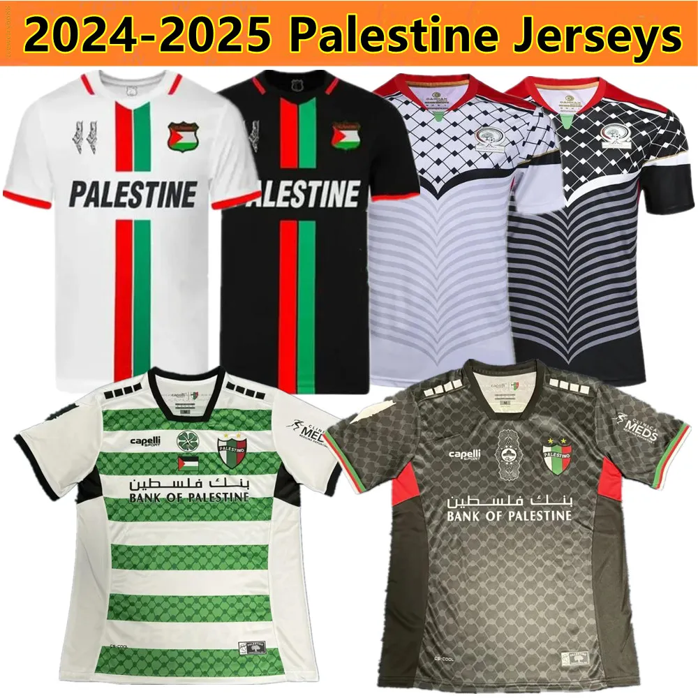 2024 2025パレスチナサッカージャージーホワイトアンドブラックセンターストライプレッドグリーンフットボールシャツ24 25パレスチナフットボールユニフォーム