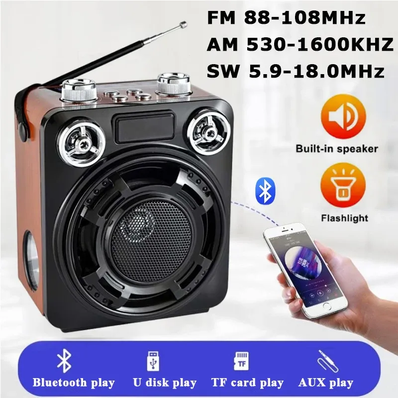 Högtalare Mini Portable FM AM SW Radio Strong Signal Radiomottagare Bluetooth -högtalare med ficklampa TF USB Mp3 Musikspelare laddningsbar