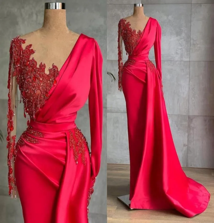 Favolosi abiti da sera rossi modesti maniche lunghe collo trasparente perline perle abiti da festa formali celebrità araba Met Gala indossa BC99843612