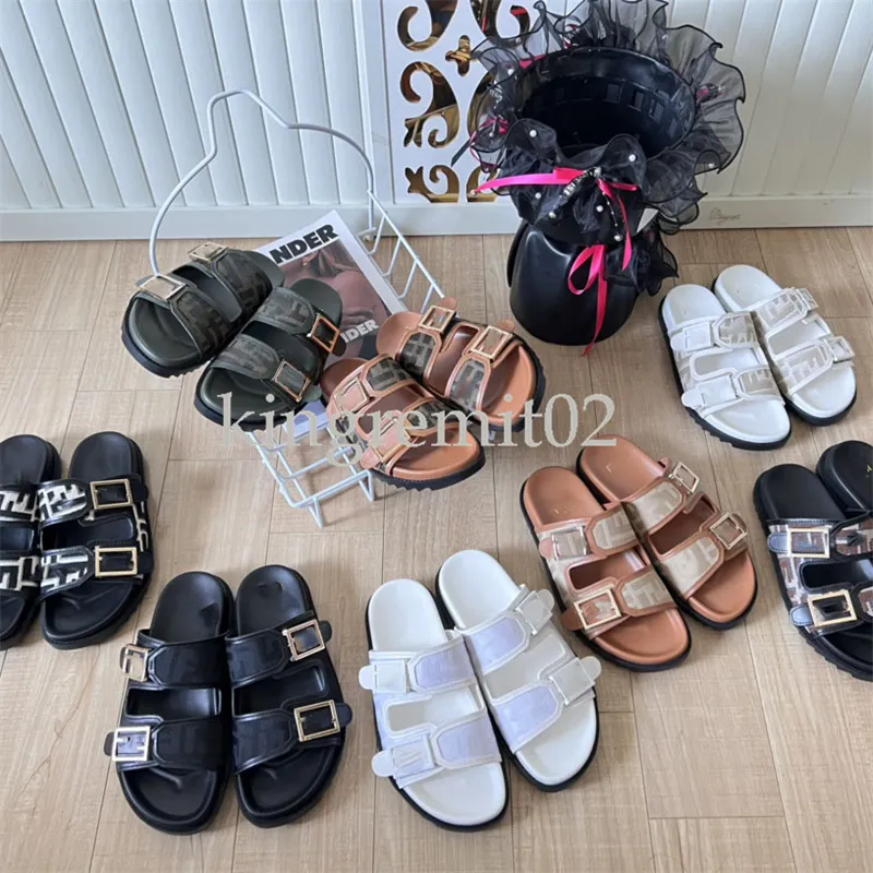 Designer Sandaler känner Slipper Explosion FF Sandaler Mönster Tyg Slides Women Men Leather Slipper Buckle Letters Platt Slides