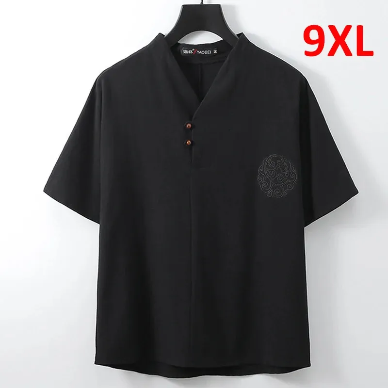 9xl tamanho grande camiseta masculina verão manga curta linho casual camisetas topos masculino vneck bordado t camisa mais 240313