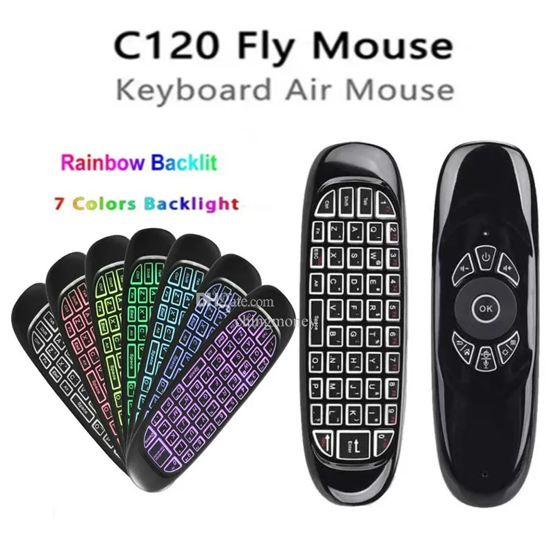 C120 Télécommande rétroéclairée Fly Air Mouse 2,4 GHz Clavier sans fil Gyroscope 6 axes Poignée de jeu Télécommande pour PC Android TV BOX Équipement électronique rétroéclairé