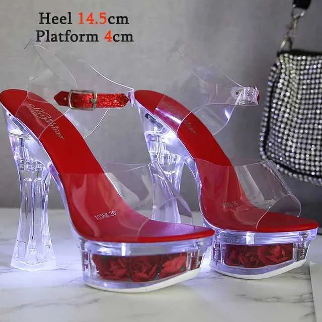 Chaussures de robe 6 couleurs talon carré femmes sandales éclairent brillant lumineux plate-forme claire haute 15 cm transparent0q1p h240321