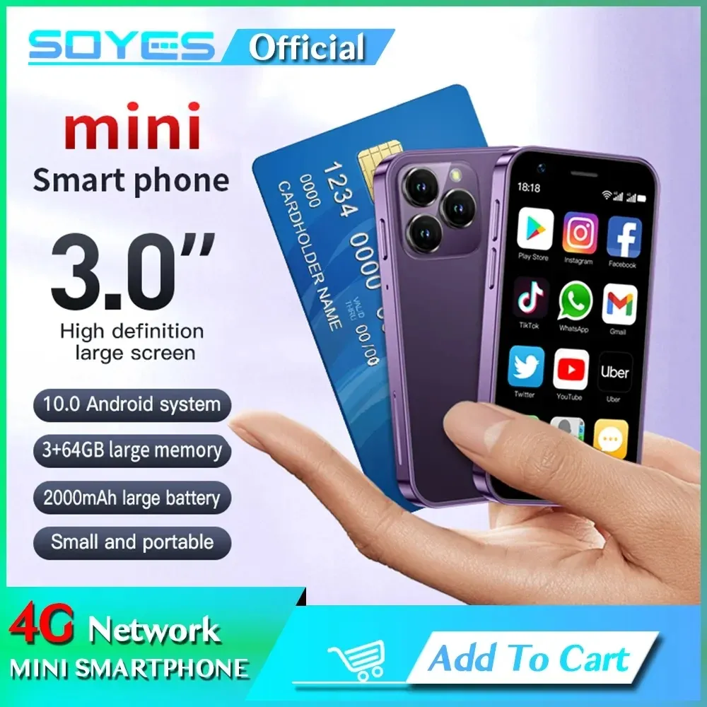 Original Soyes XS16 Mini Smartphone Ultra Slim Cell Mobile Android 10.0 3 GB 64 GB 3 tum MT6739 Quad Core med 4G LTE GPS Google Play