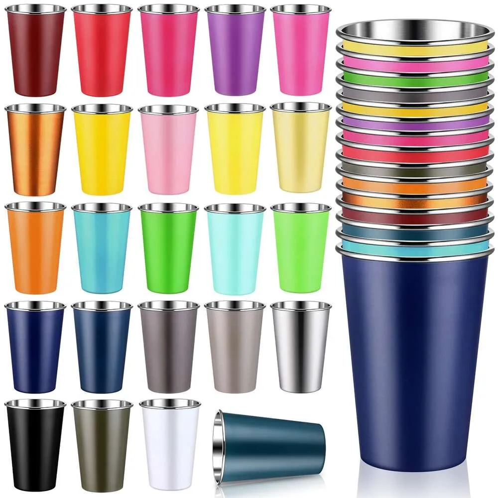 Hushee Pack 16 oz rostfritt stål pint metallkoppar 24 färger obrytbara dricksglasögon vatten tumlar stapel kopp för barn vuxna bar hem restaurang resor