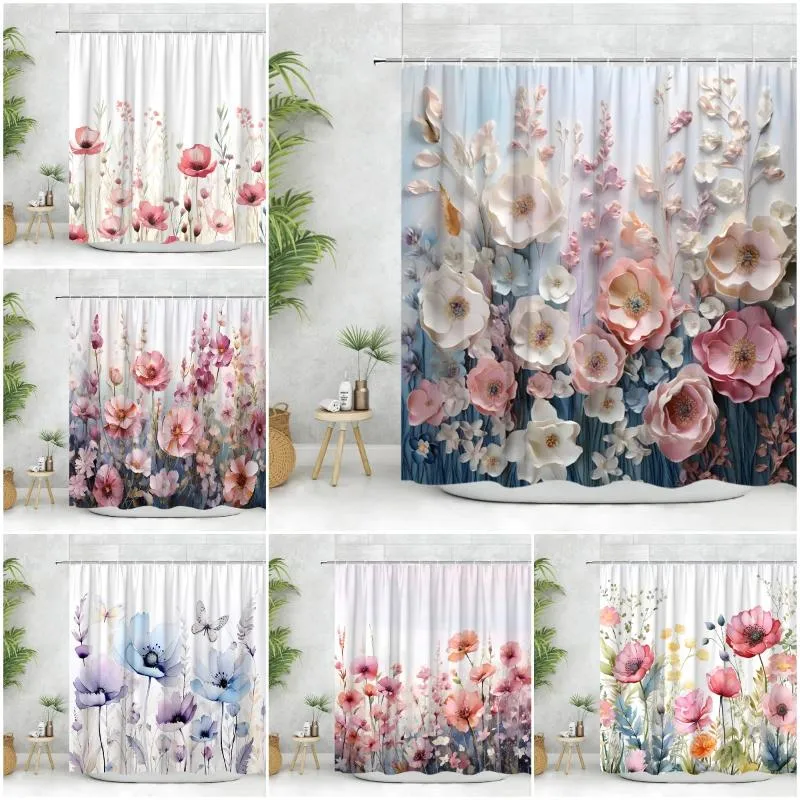 Shower Curtains Spring Floral Curtain Watercolor Farm Botanical Leaves Embossed Modern Rustic Printed Polyester Bathroom Decoration