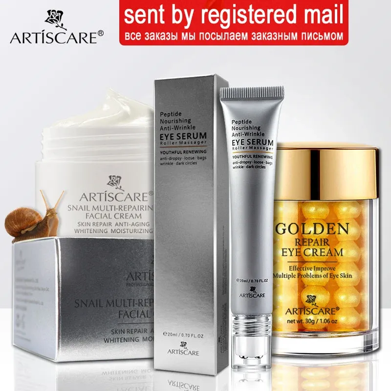 Feuchtigkeitscremes ARTISCARE Snail Repair Gesichtscreme + Peptid-Augenserum + Goldene Augencreme Anti-Falten-Gesichtspflege Augenringe entfernen Hautpflege