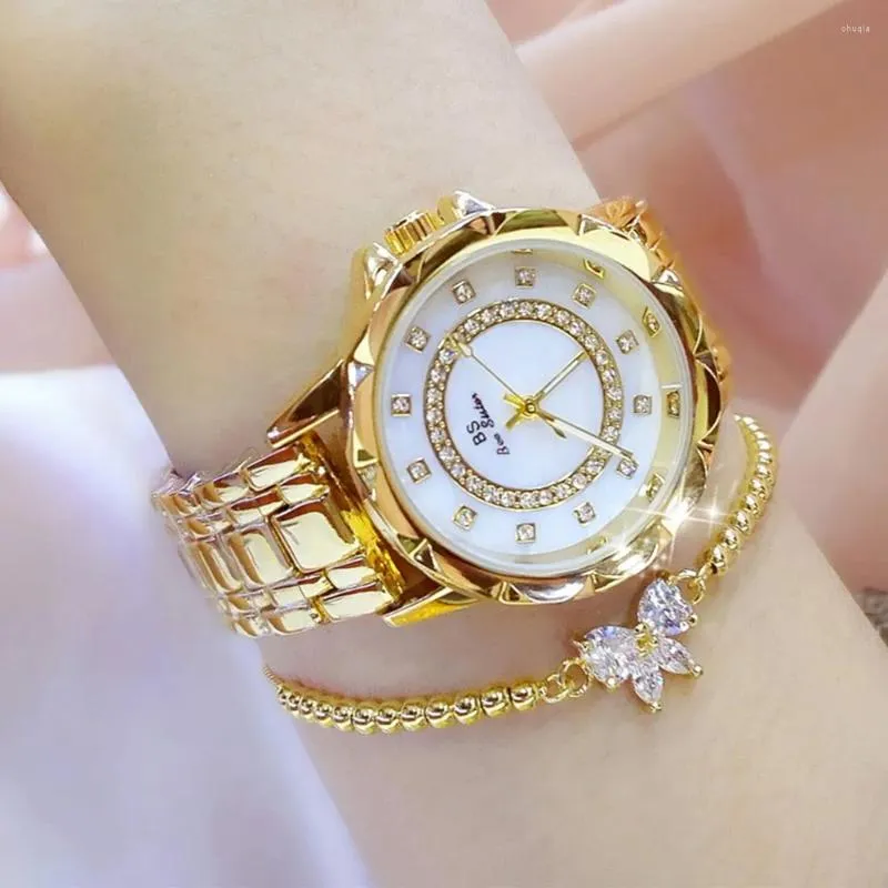 Relógios de pulso moda feminina relógio requintado metal redondo caso quartzo cinta analógico flash diamante relógio de pulso para mulheres reloj para mujer